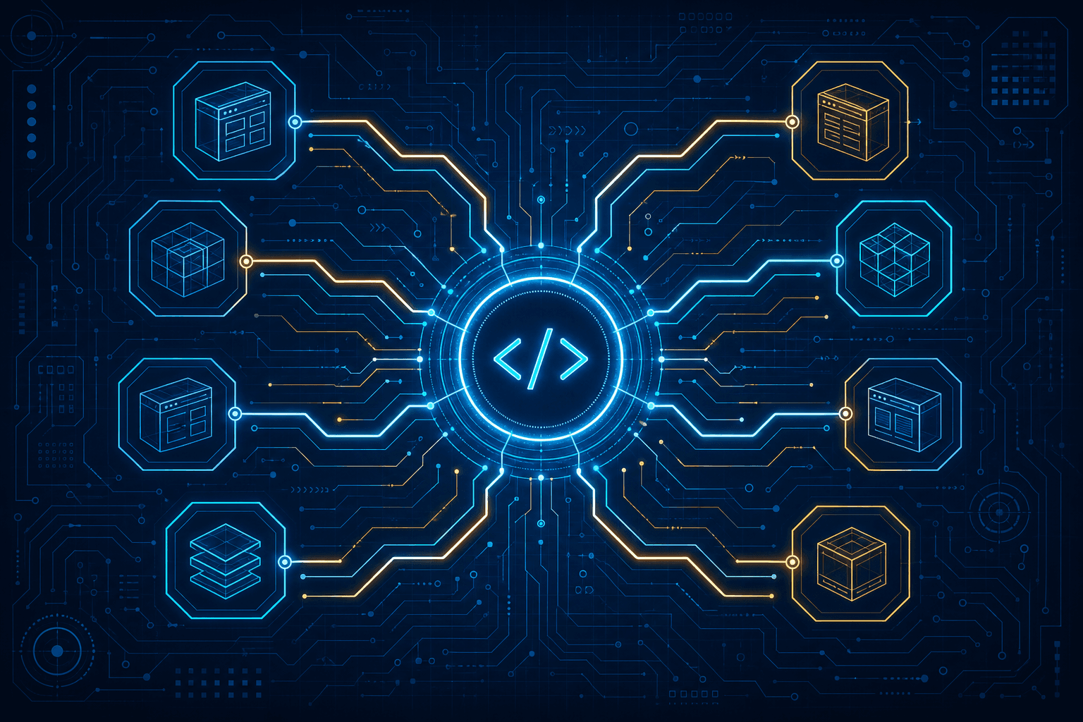 Stylized blueprint with interconnected nodes representing software fundamentals anchoring AI-assisted code generation