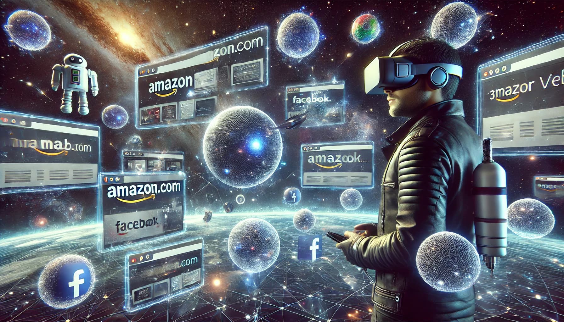 A user wearing a VR helmet flies through space, surrounded by 3D websites resembling planets, including Amazon and Facebook. A futuristic spaceship console with holographic screens enhances the immersive scene