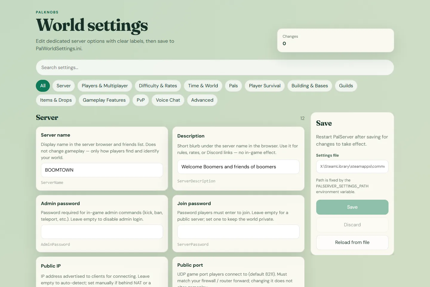 PalKnobs desktop app showing the World settings screen with category filters and labelled fields for server name, description, and passwords