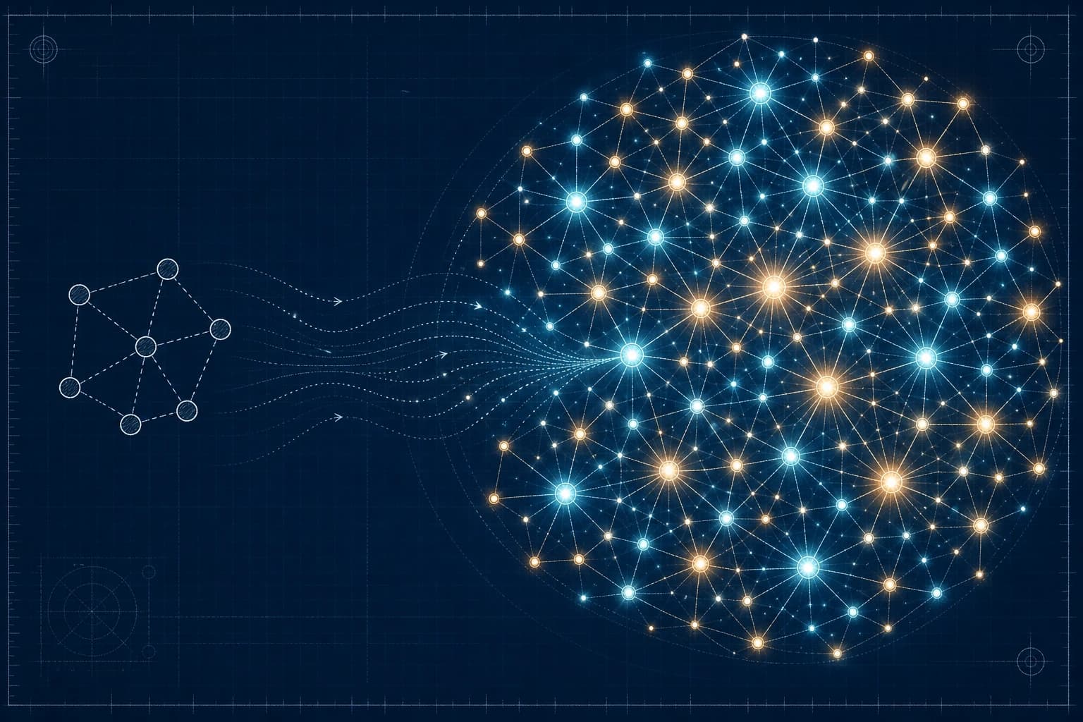 Stylized blueprint of a small constellation of nodes merging into a larger, brighter network, representing a personal project folding into a community one