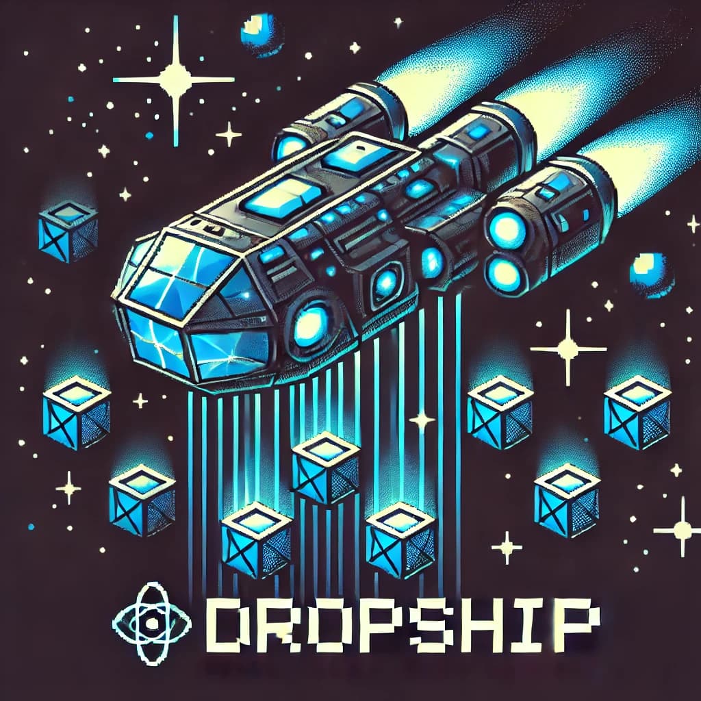 Dropship logo of a space ship dropping cargo against a backdrop of stars
